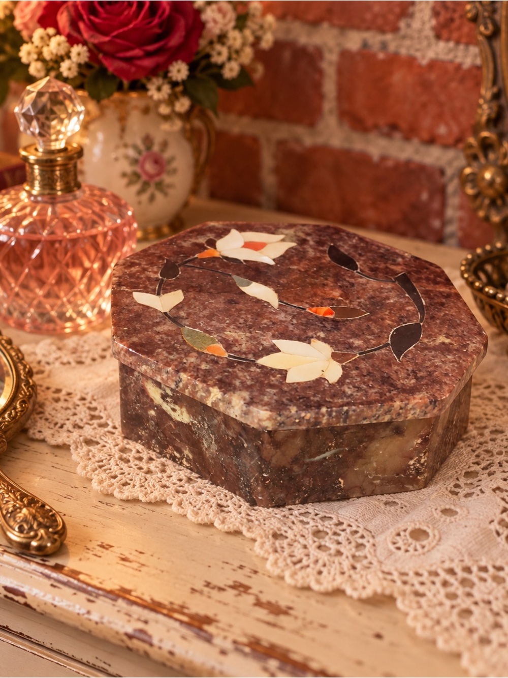 Vintage Fetco Brown Floral Soapstone Mother of Pearl Inlay Trinket Box